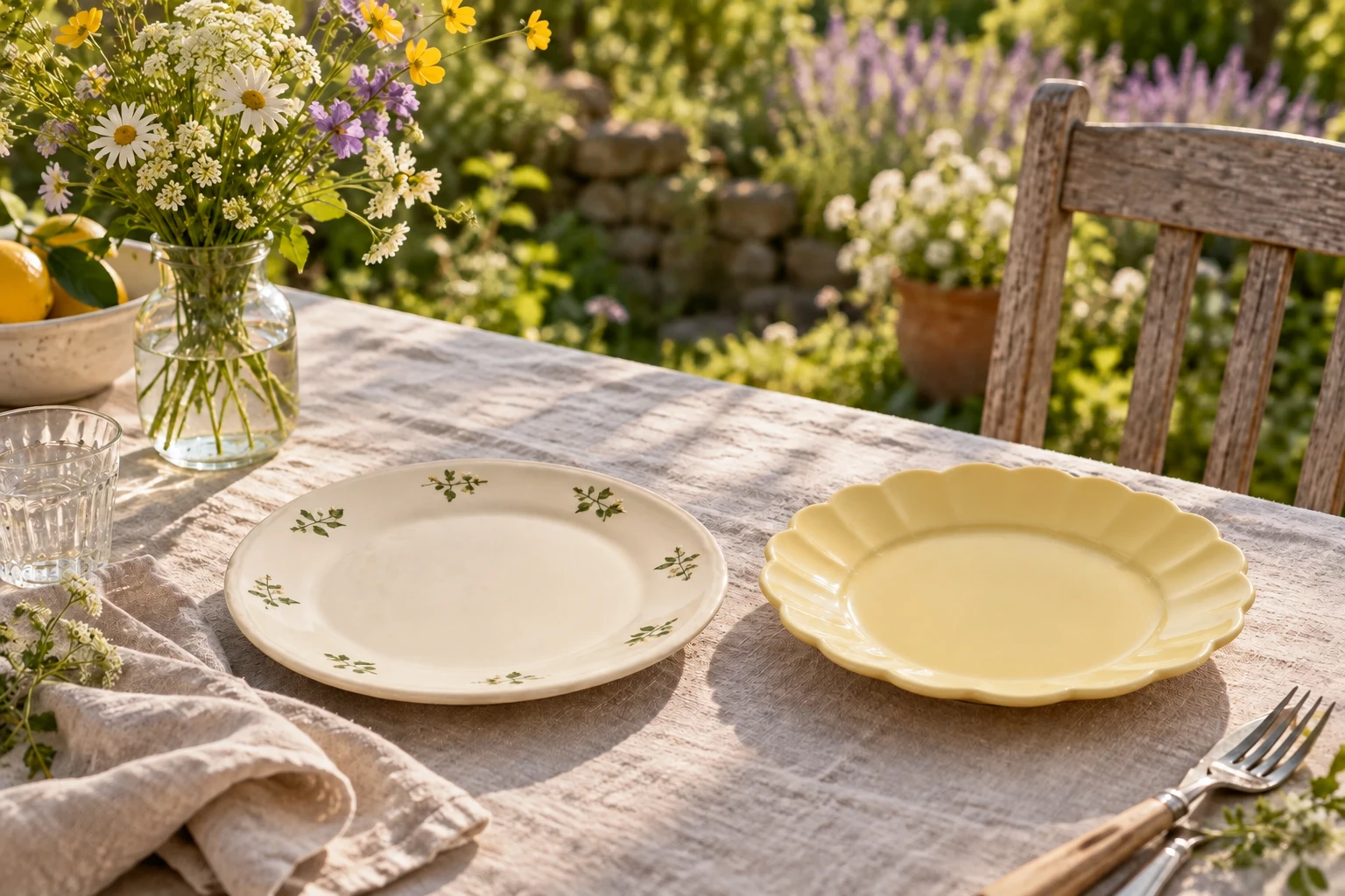 Cream sprig and butter-yellow plates on a sunlit countryside linen table