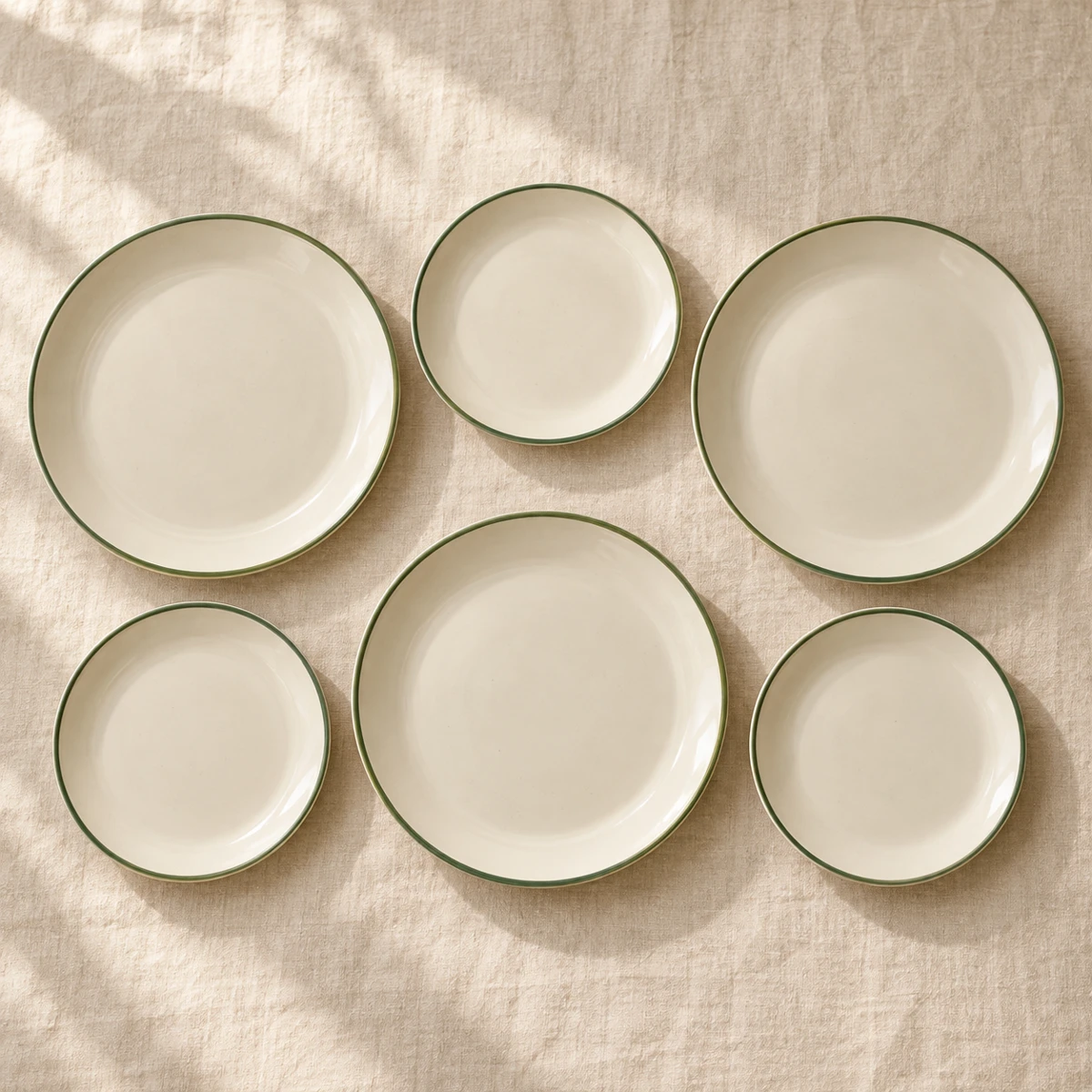 Countryside Table Set, Cream / green rim, 6 plates